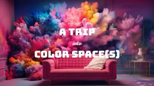 Text: A Trip into Color Space(s) Bild: Eine Couch hinter der eine Farbexplosion stattfindet
