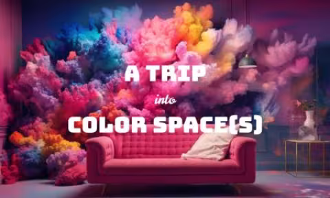 Text: A Trip into Color Space(s) Bild: Eine Couch dahinter explodiert eine Wolke aus verschiedenen Farben